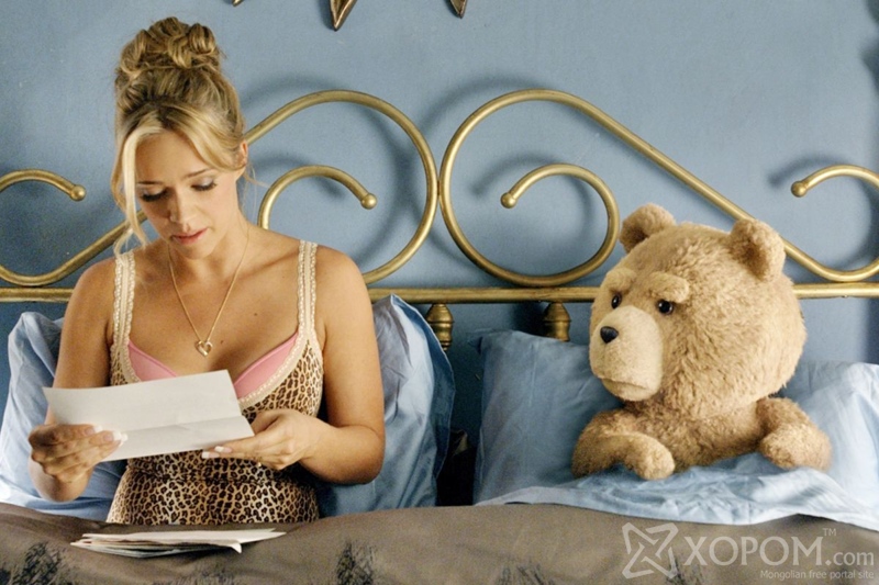 In this image released by Universal Pictures, Jessica Barth, left, and the character Ted, voiced by Seth MacFarlane, appear in a scene from "Ted 2." (Universal Pictures via AP)