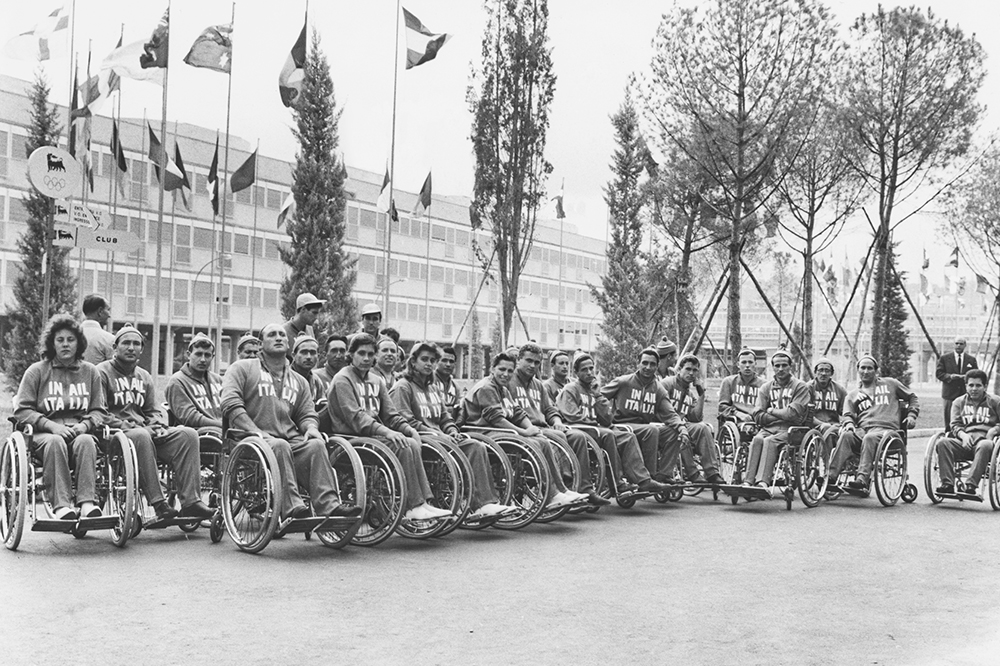 The Italian team at the Olympic village before the start of the first international Paralympic Games, Rome, 16th September 1960. The games were known at the time as the 9th Annual International Stoke Mandeville Games and were open only to athletes with spinal cord injury. (Photo by Keystone/Hulton Archive/Getty Images)