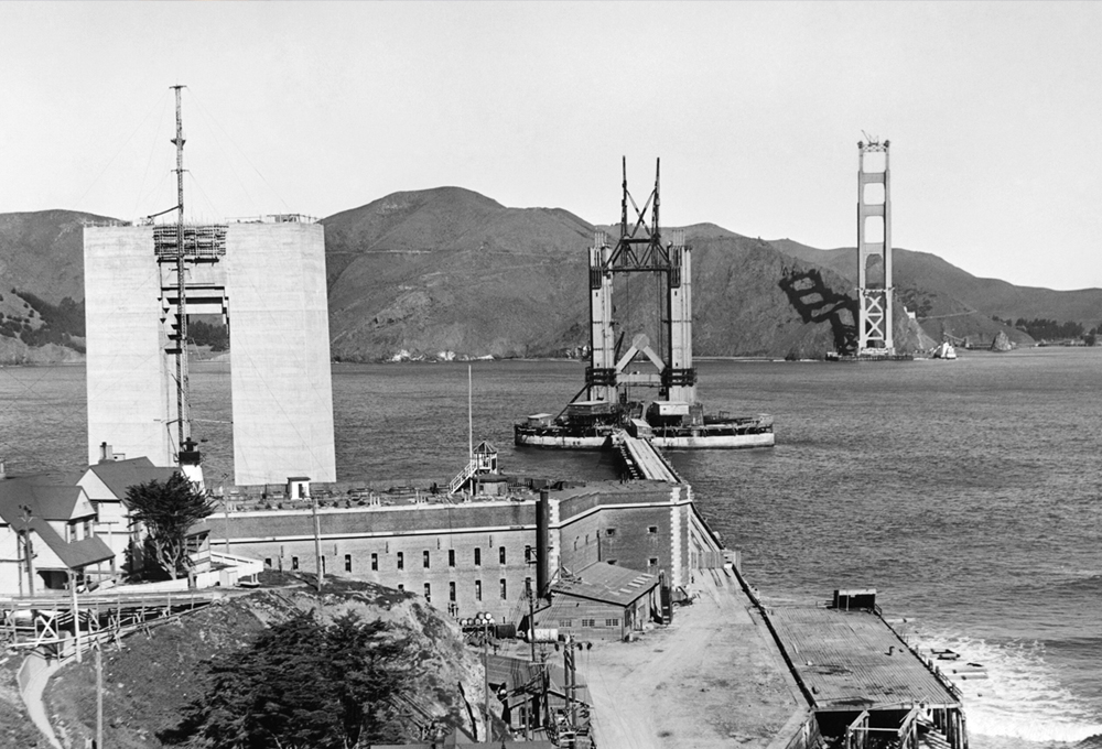 The Golden Gate Bridge under construction with the Pylon #1 and the North and South towers rising above Fort Point, San Francisco, California, April 1935. (Photo by Underwood Archives/Getty Images)