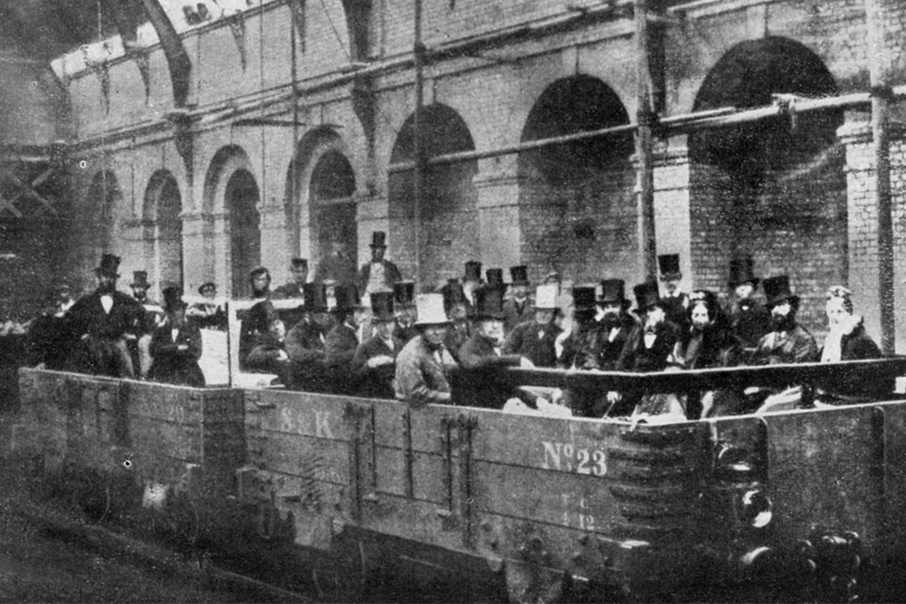 Prime Minister William Gladstone opens the Metropolitan Railway, London, 1863 (1951). Engineered by John Fowler, the Metropolitan Railway was the first line of what would eventually become the London Underground. On January 10 1863, the railway operated its first service, which ran from Farringdon Street north to King's Cross, and west to Paddington (Bishop's Road), utilising trains hauled by steam engines. A print from 100 Years in Pictures, A panorama of History in the Making, text by DC Somervell, Odhams press Limited, London, 1951. (Photo by The Print Collector/Print Collector/Getty Images)