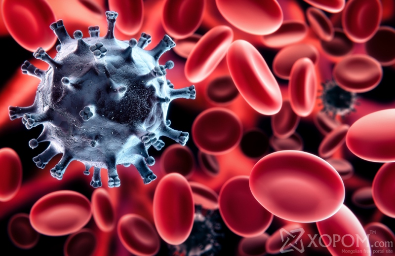 Black virus in blood - among the red blood cells - Scanning Electron Microscopy stylized illustration